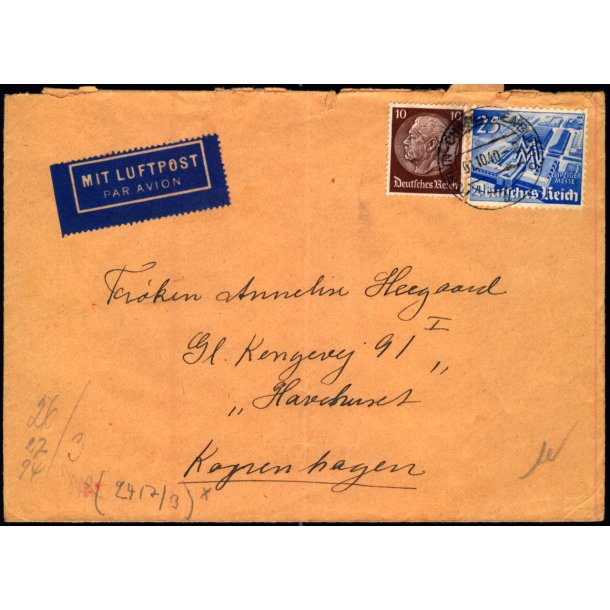 Luftpost  Censurbrev fra Tyskland  1 - 10 - 40 - Til Kbenhavn