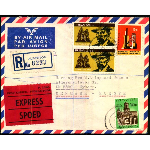 Luftpost Brev fra Syd Afrika - Express - Rekomaderet - 1 - 10 - 1968