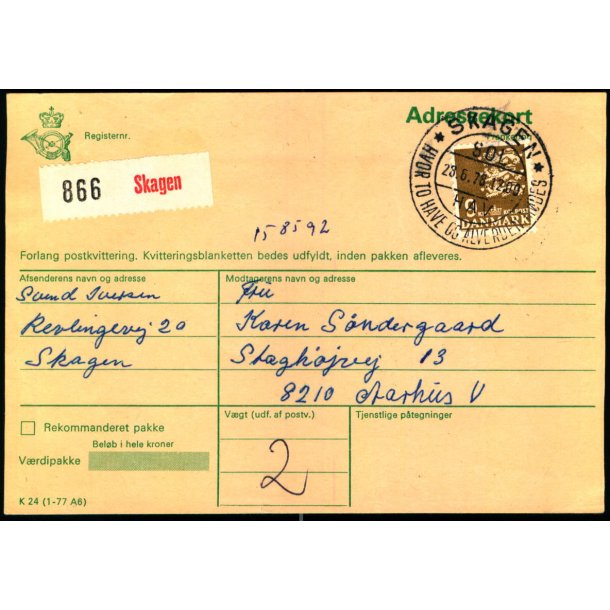 Adressekort fra Skagen  - 9 kr. Rigsvben  23 - 6 - 78