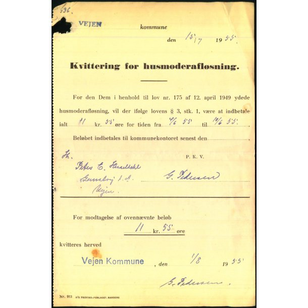 Kvittering for Husmoderafl�sning - 1955