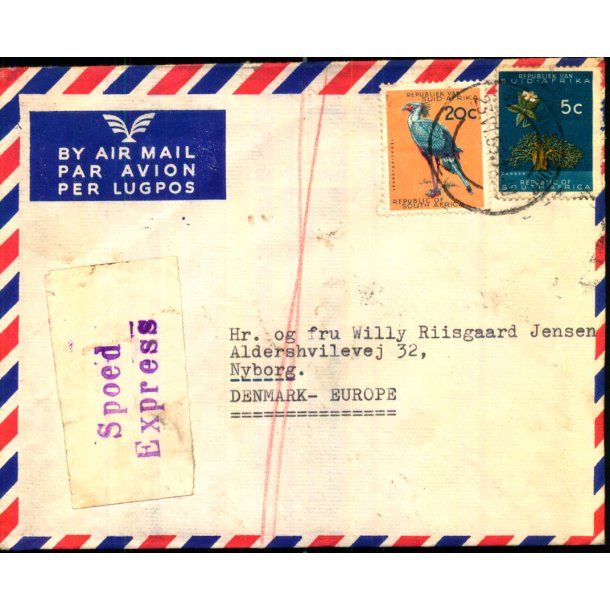 Luftpost Brev fra Syd Afrika - Speed Express - Rekomaderet - 23 - 6 - 65 - Masser af stempler bag.
