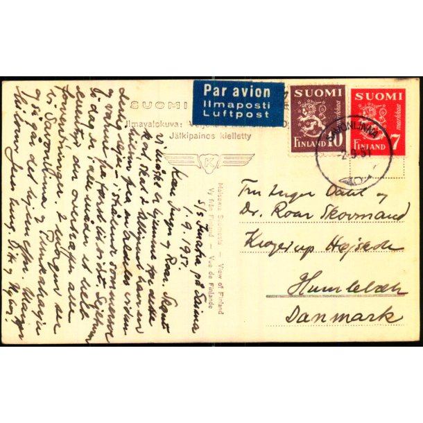 Luftpost - Postkort fra Finland til Danmark - 2 - 9 - 51