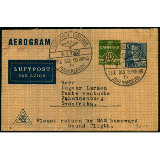 Luftpost Brev fra Danmark til Syd Afrika - 8 - 1 - 53 - Frste Flyvning !