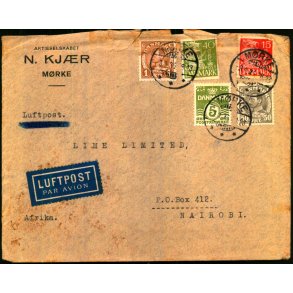 Luftpost Brev fra Danmark til Kenya - 3 - 9 - 36 - Kuverten REVET op !