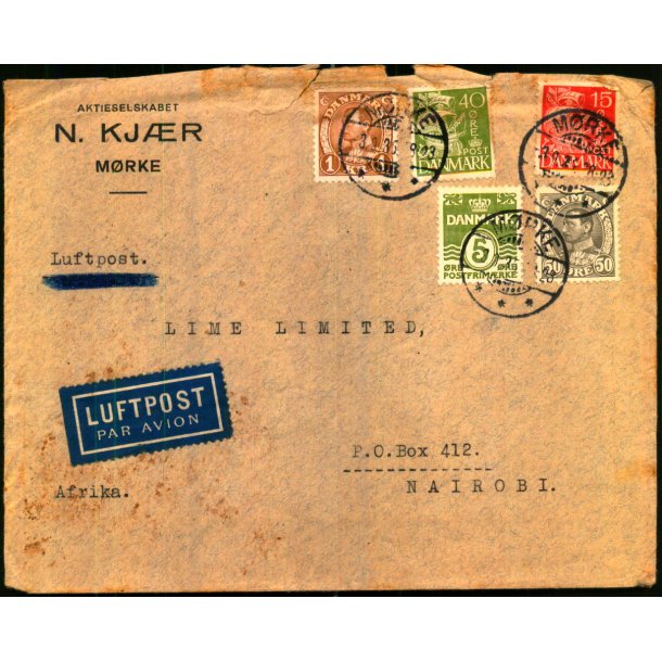 Luftpost Brev fra Danmark til Kenya - 3 - 9 - 36 - Kuverten REVET op !