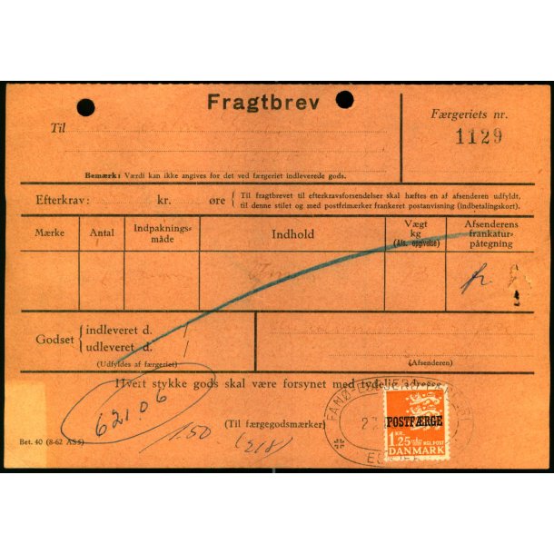 Fragtbrev -  1,25 kr Rigsvben Prov.  - Fra Esbjerg til Fan 23 ? - ? . - Arkivhuller !
