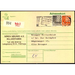 Adressekort fra Vejle 2  -4 og 8 kr. Rigsvben  8 - jan 1981 