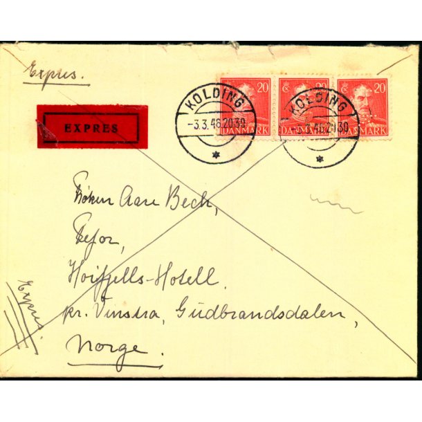 Expres Brev til Norge fra Kolding 3 - 3- 46  
