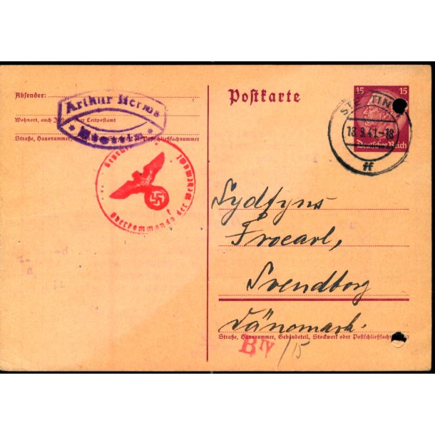 Censurpostkort fra Tyskland  13 - 9 - 41 - Til Svendborg