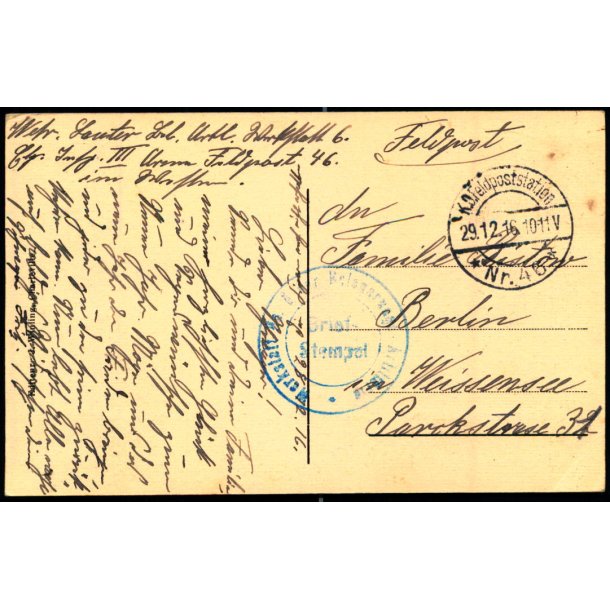 Feldpost - K.D. Feldpoststation  29 -12 - 16  - Til Berlin - Billedside : Sedan