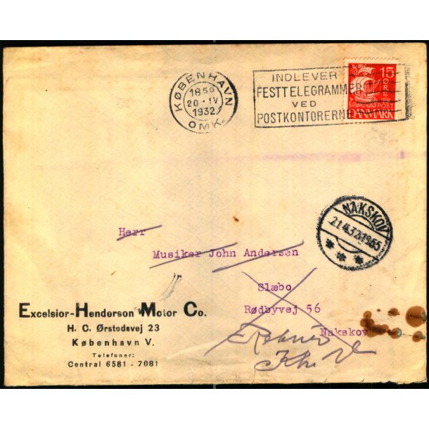 Brev til Nakskov - Retur 21 -4 - 32 -  Brugt