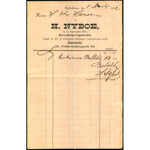 H. Nyboe - Herreekviperingshandler - K�benhavn 1892