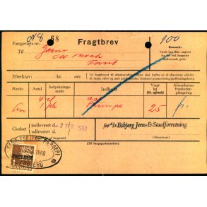 Fragtbrev -  1kr Rigsvben Prov.  - Fra Esbjerg til Fan 2. Feb. 1960. - Arkivhuller !
