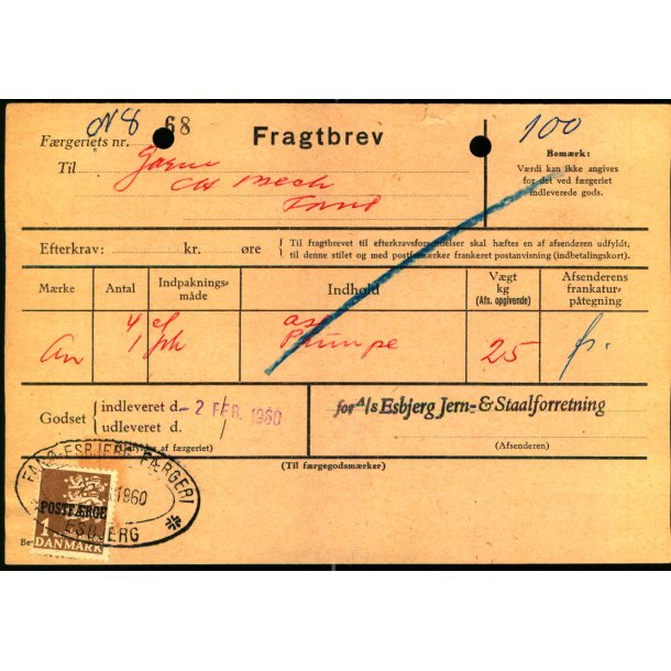 Fragtbrev -  1kr Rigsvben Prov.  - Fra Esbjerg til Fan 2. Feb. 1960. - Arkivhuller !