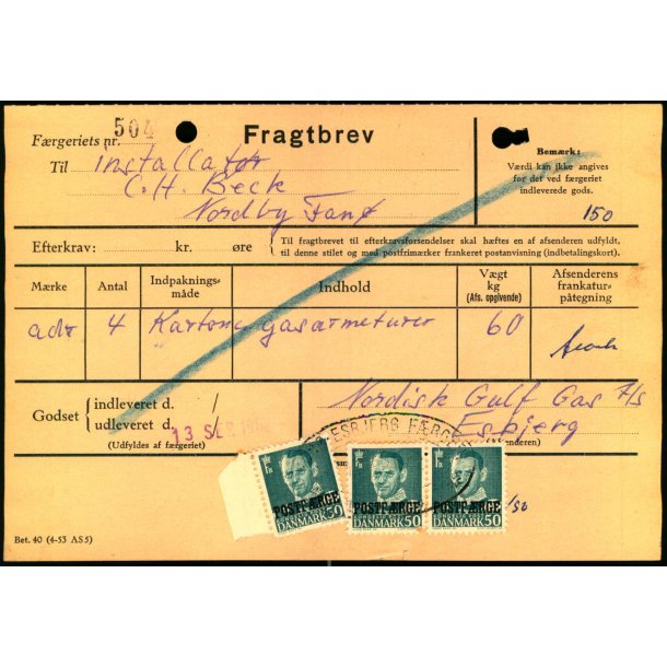 Fragtbrev -  3x 50 re fr. IX Postfrge Prov. - Fra Esbjerg til Fan 13 Sept. , 1962 - Arkivhuller !