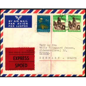 Luftpost Brev fra Syd Afrika - Express -- 12 - 12 - 66 - Masser af stempler bag.