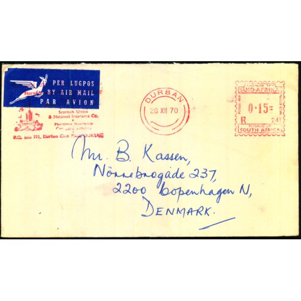 Luftpost Brev fra Syd Afrika til Danmark 28 - 12 - 70