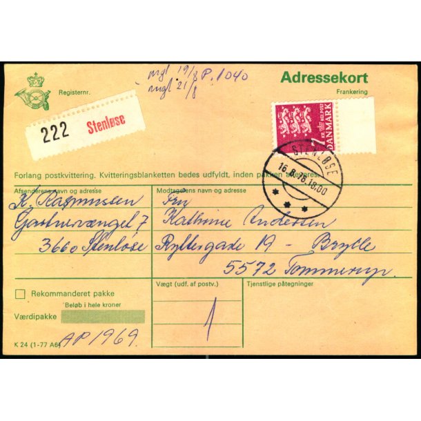 Adressekort fra Stenlse  - 7 kr. Rigsvben  16 - 8 - 78