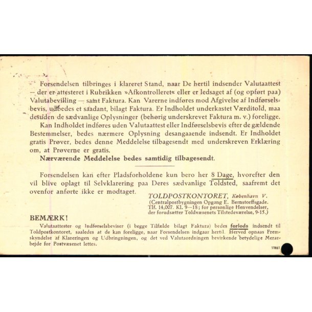 Toldpostkontoret - Kbh.V.  - u/n - Brugt. - Arkivhul !