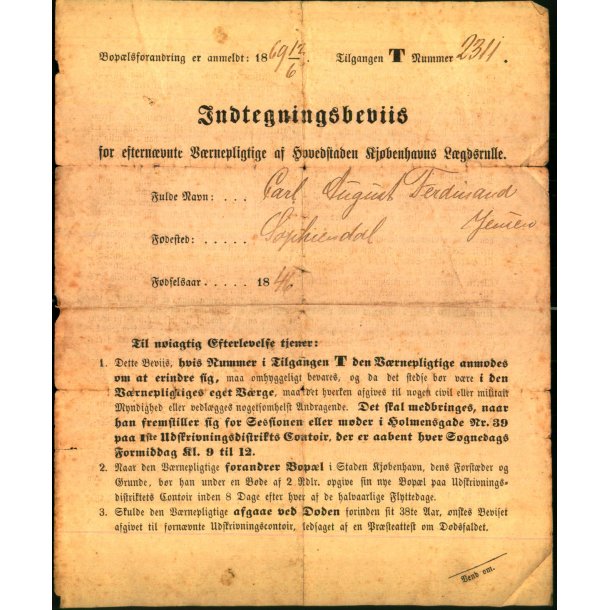 Indtegningsbeviis - Carl August Ferdinand Jensen - 1846