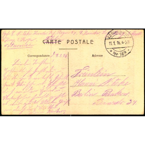 Feldpost - K.D. Feldpoststation   11 -1 -16 - Til Berlin - Billedside :  Wilno.