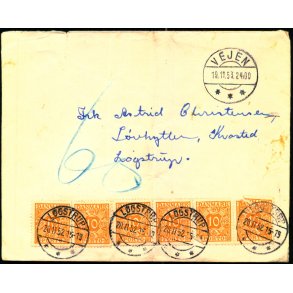Efterporto - Ufrankeret Brev fra Vejen  til Lgstrup 19 - 11 - 53  - Efterporto 60 re. 