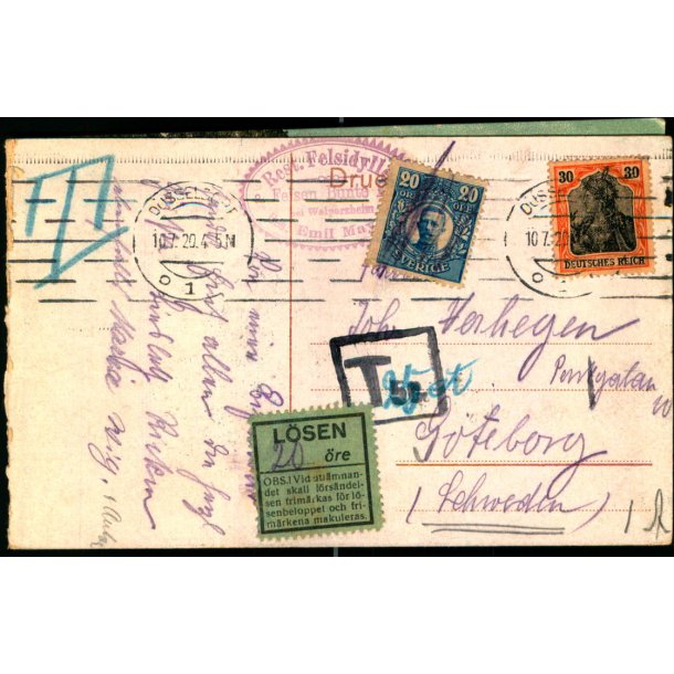 Efterporto - Postkort fra Tyskland (Todelt)  til Sverige  10 - 7 - 20