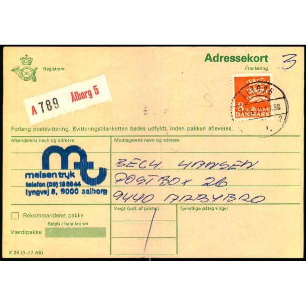 Adressekort fra lborg 5 - 8 kr. Rigsvben  10 - 5 - 79