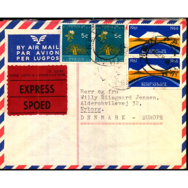 Luftpost Brev fra Syd Afrika - Express -- 27 - 9 - 66 - Stempler bag.