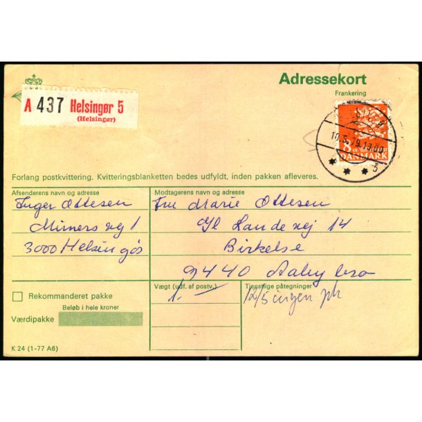 Adressekort fra Helsingr 5 - 8 kr. Rigsvben  10 - 5 - 79
