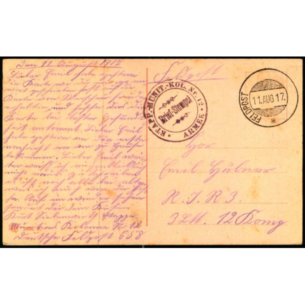 Feldpost - Feldpost   11 -8  -17 - Til  Nr. 3. Ltt. - 12. Comp. - Billedside : Nur Du allein !