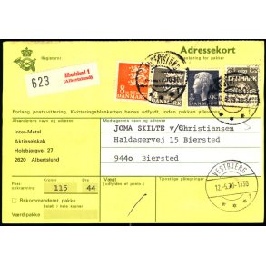 Adressekort med Postopkrvning fra Albertslund - 4 og 8 kr. Rigsvben 90 re M. 60 re Blge - 