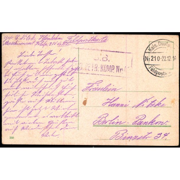 Feldpostkort - Kais. Deutsche Feldpoststation  22 -12 - 16  - Til Berlin - Billedside : Kosaker