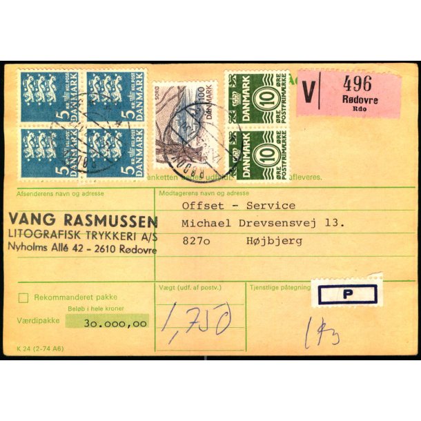 Adressekort fra Rdovre - Vrdipakke 30.000 kr. - 4 x 5 kr Rigsvben 100 kr 2x10 re Blge 12-3- 82
