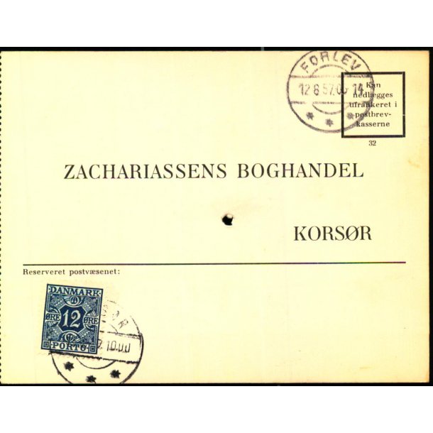 Efterporto - Ufrankeret Tryksagskort til Korsr  12 - 6 - 57