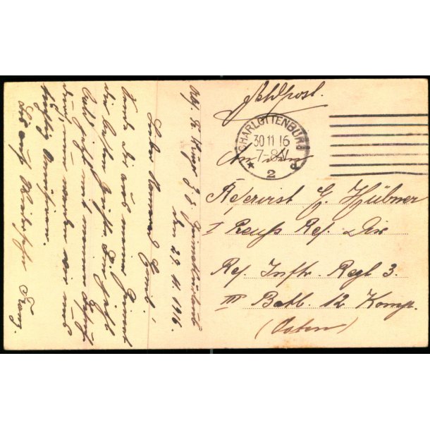 Feldpost - Charlottenburg  30 - 11 -16 - Til 3. Batl. 12. Komp - Billedside : Charlottenburg