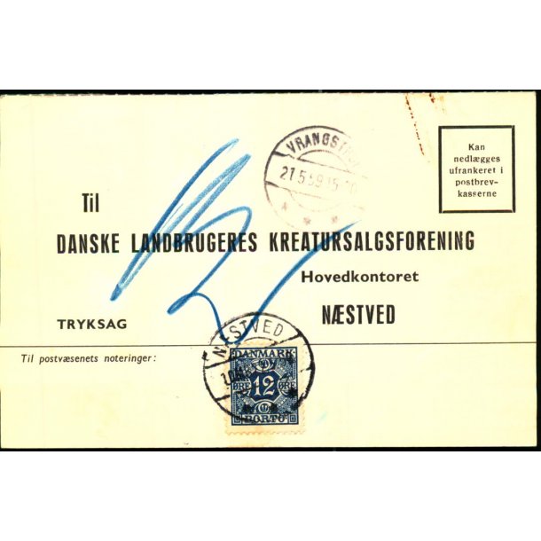 Efterporto - Ufrankeret Tryksagskort til Nstved  22 - 5 - 59