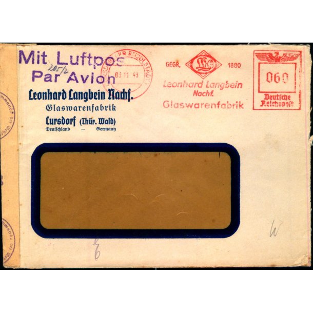 Luftpost  Censurbrev fra Tyskland  3 - 11 - 43 - Til Danmark