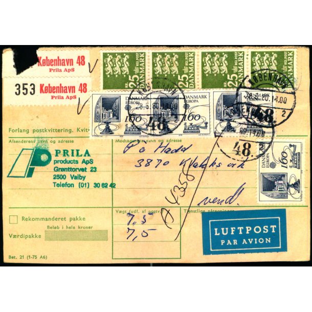 Adressekort fra Kbenhavn til Klaksvig  - 2 x 25 kr Rigsvben - 10x 160 Europa - 3 kr. Rigsvben