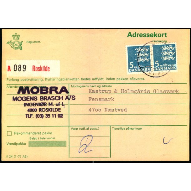 Adressekort fra Roskilde  - 2 x 5 kr Rigsvben 22 - 5 - 80