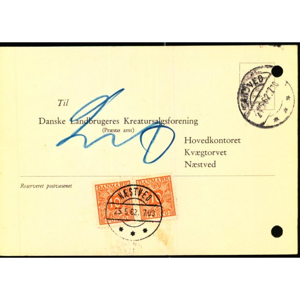 Efterporto - Ufrankeret Tryksagskort fra Nstved  21 - 5 - 62