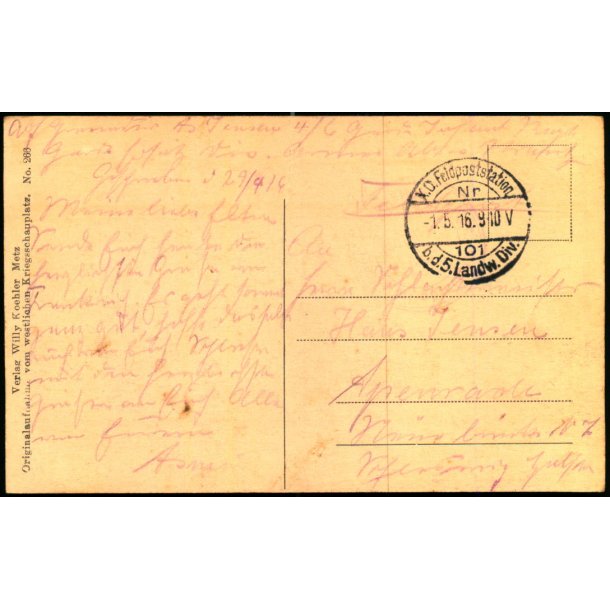 Feldpost - K.D. Feldpoststation  1 - 5 - 16  - Til Apenrade - Billedside : St. Mihiel