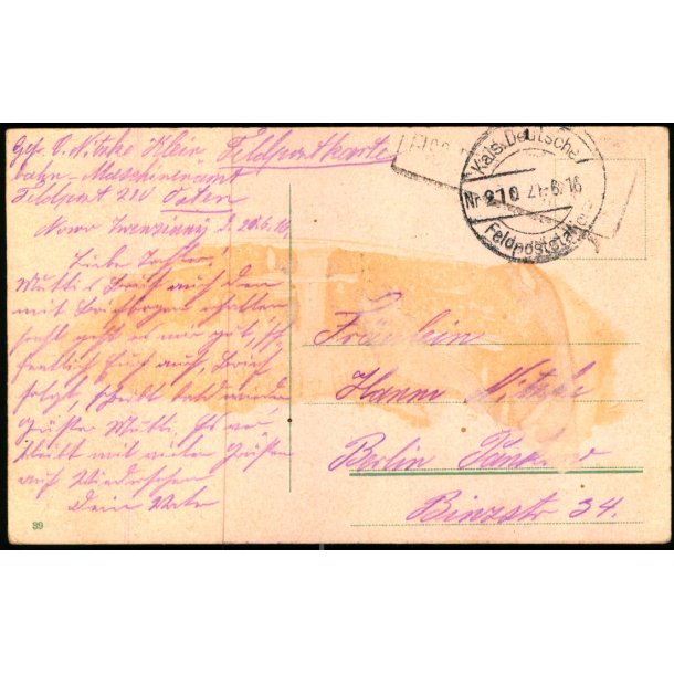 Feldpost - Kais. Deutsche Feldpoststation  27 -6 - 16  - Til Berlin - Billedside : Widoki