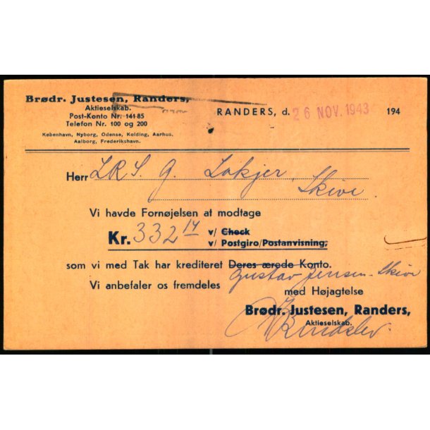 Brdr. Justesen - Randers - Helsagskort u/n - Brugt 