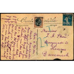 Efterporto - Postkort fra Frankrig 21-5- 1921 - Efterporto 25 re.