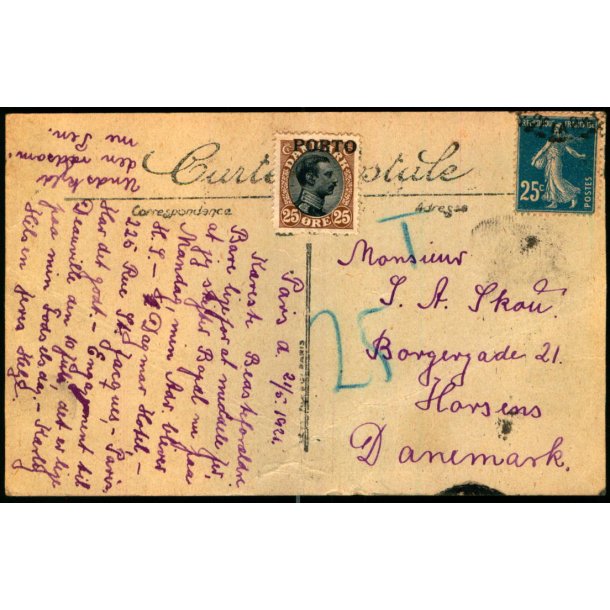 Efterporto - Postkort fra Frankrig 21-5- 1921 - Efterporto 25 re.