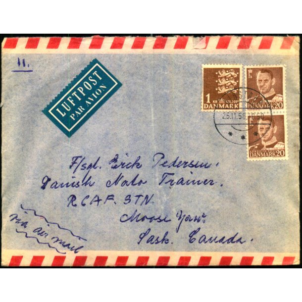 Luftpost Brev fra Danmark til Danish Nato Trainee - Canada - 25 - 11 - 58 