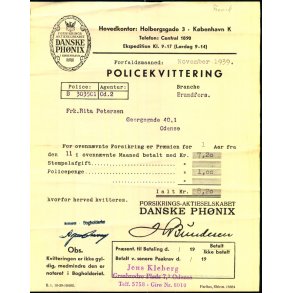 Danske Ph�nix - Pr�miekvittering - 1939
