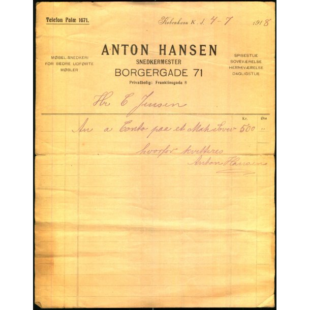 Anton Hansen - Smedkermester - K�benhavn K - 1918