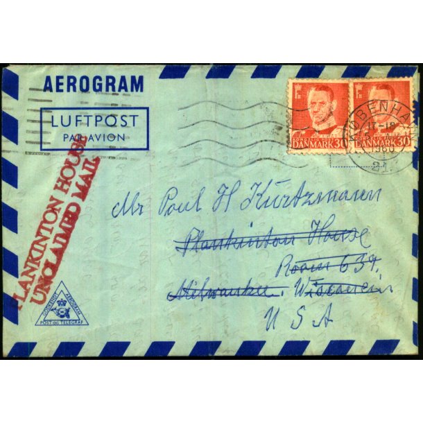 Luftpost Brev fra Danmark til U.S.A. - Retur til Danmark - 5 - 8 - 1960